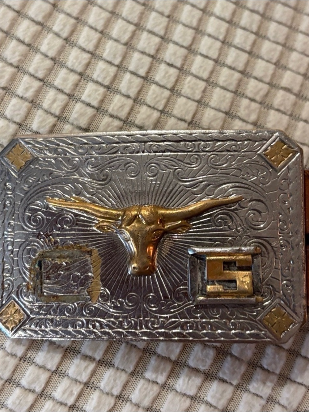 Vintage Brown Tooled Leather Belt with Decorative Metal bull Buckle